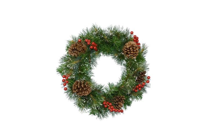 Ipswich wreath snowy berries, pinecones indoor