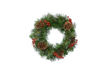 Ipswich wreath snowy berries, pinecones indoor