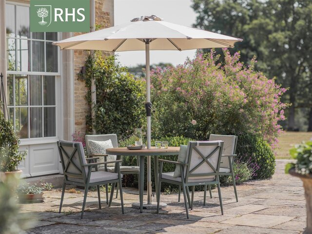RHS Wisley Sage 4 Seat Round Dining Set with Parasol & Base - image 1