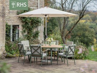 RHS Wisley Sage 6 Seat Elliptical Dining Set with Parasol & Base - image 1