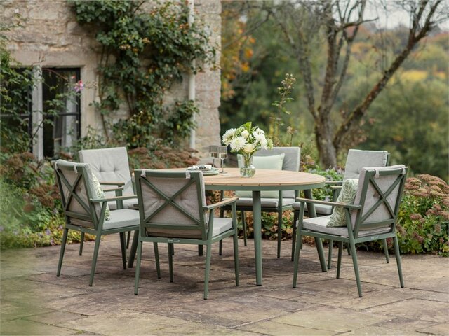 RHS Wisley Sage 6 Seat Elliptical Dining Set with Parasol & Base - image 2