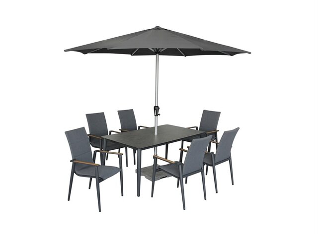 Sofia Rectangle Table with 6 Delux Armchairs, Parasol & Base Set - Anthracite - image 5