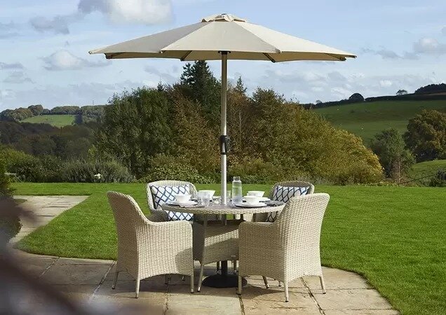 Tetbury 110cm Tree-Free Round Table with 4 Armchairs, Parasol & Base - Nutmeg - image 1